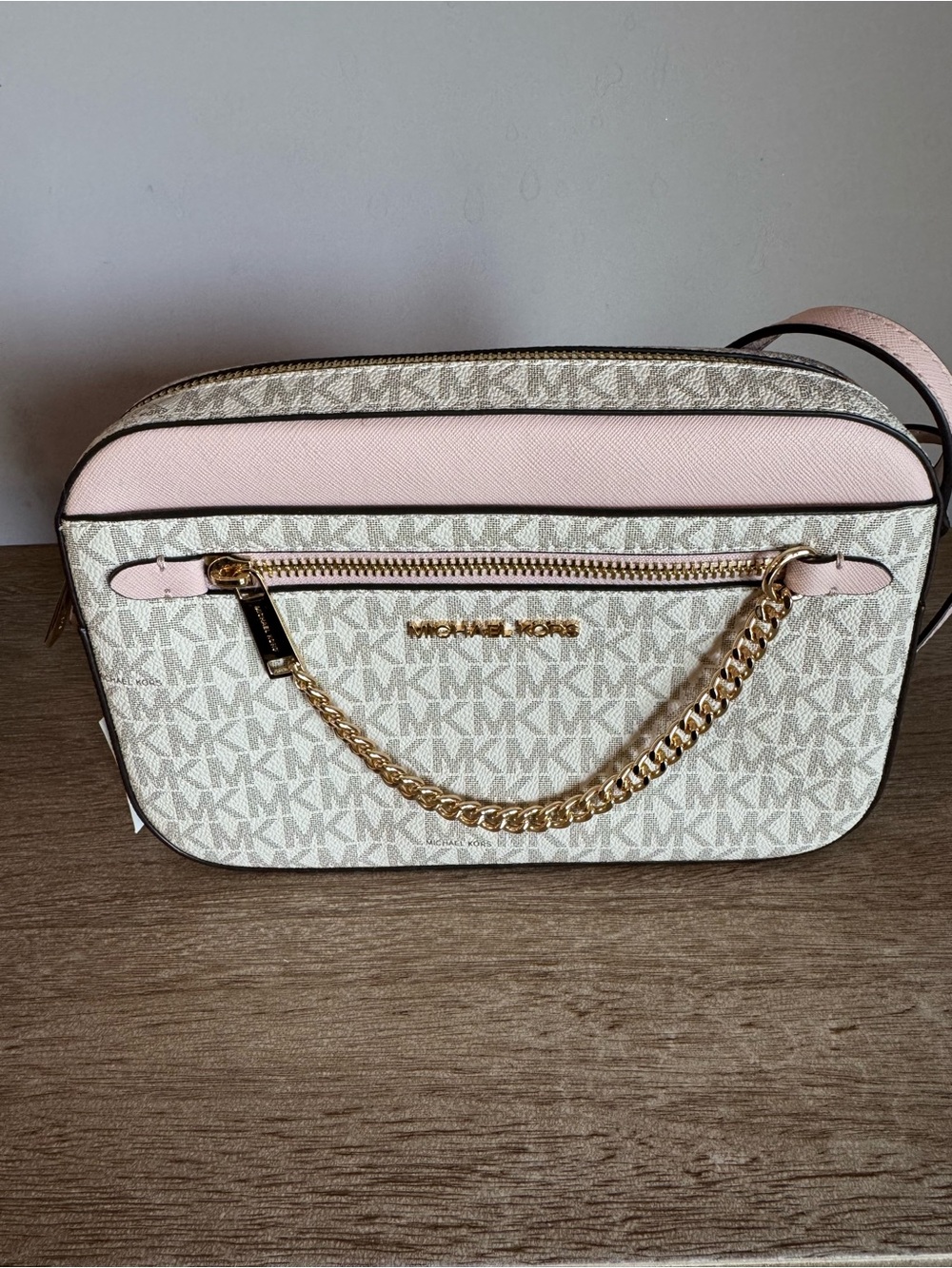 Michael Kors Pink and Vanilla Logo Chain-Accent Crossbody Bag